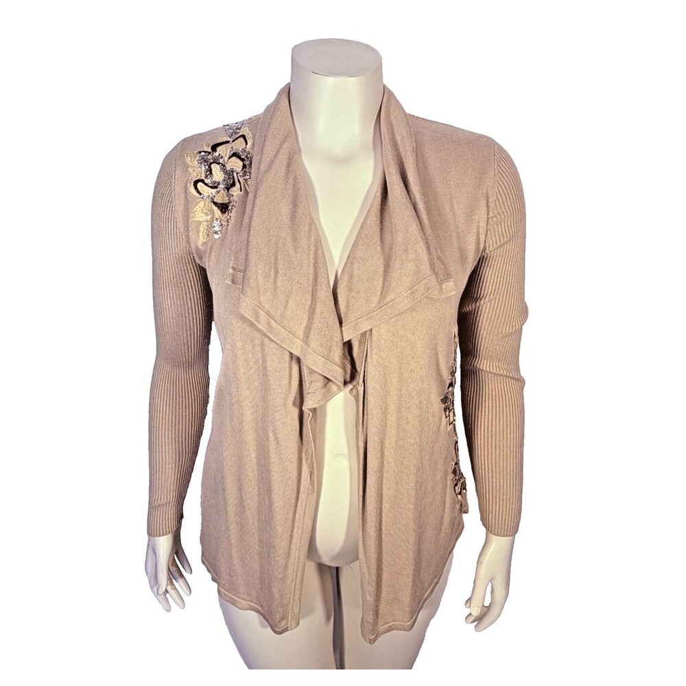 Cache Open Front Cardigan Sweater Women's M Tan Beige Waterfall Beaded Embr